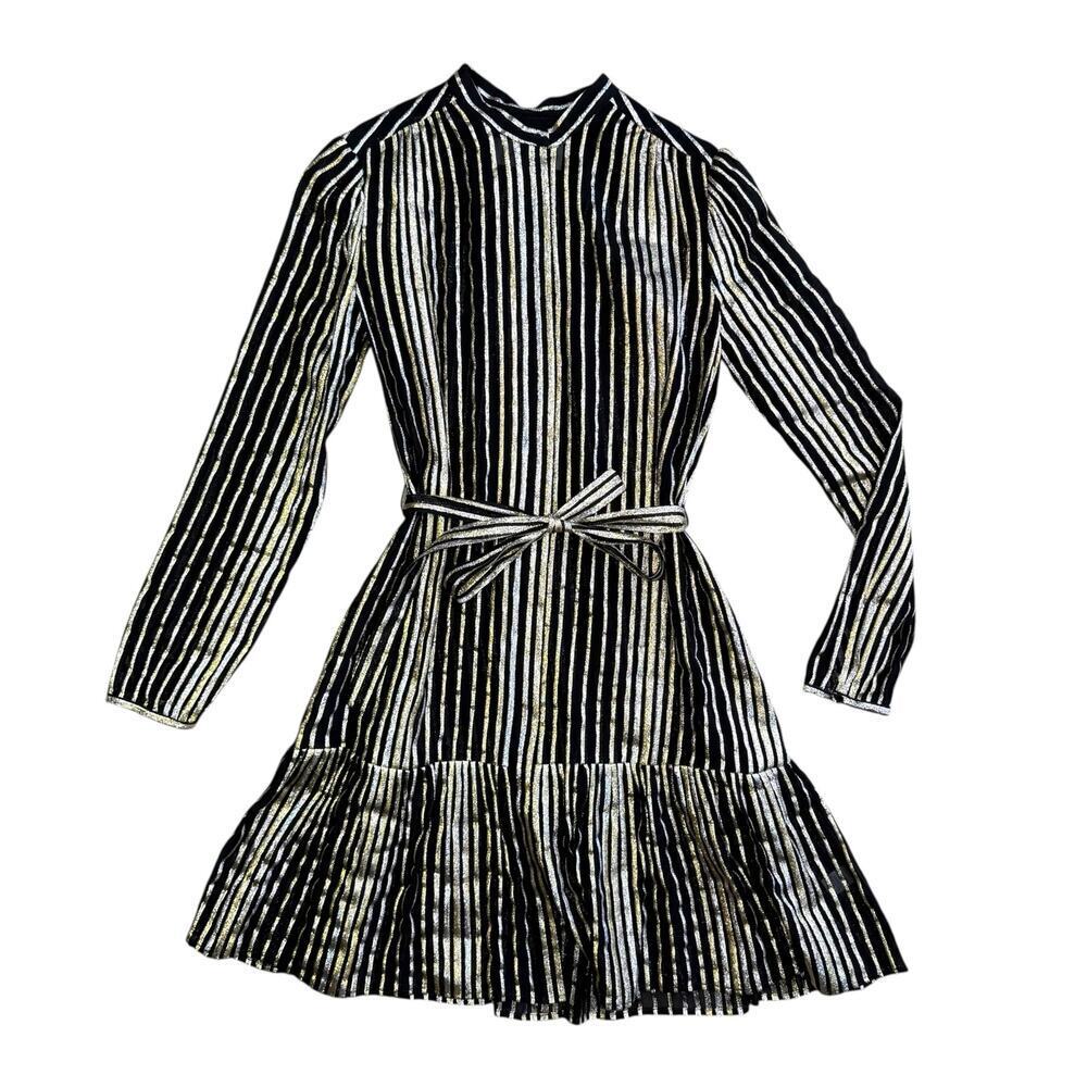 Saloni Silk Metallic Stripe Jacquard Midi Dress Size 2